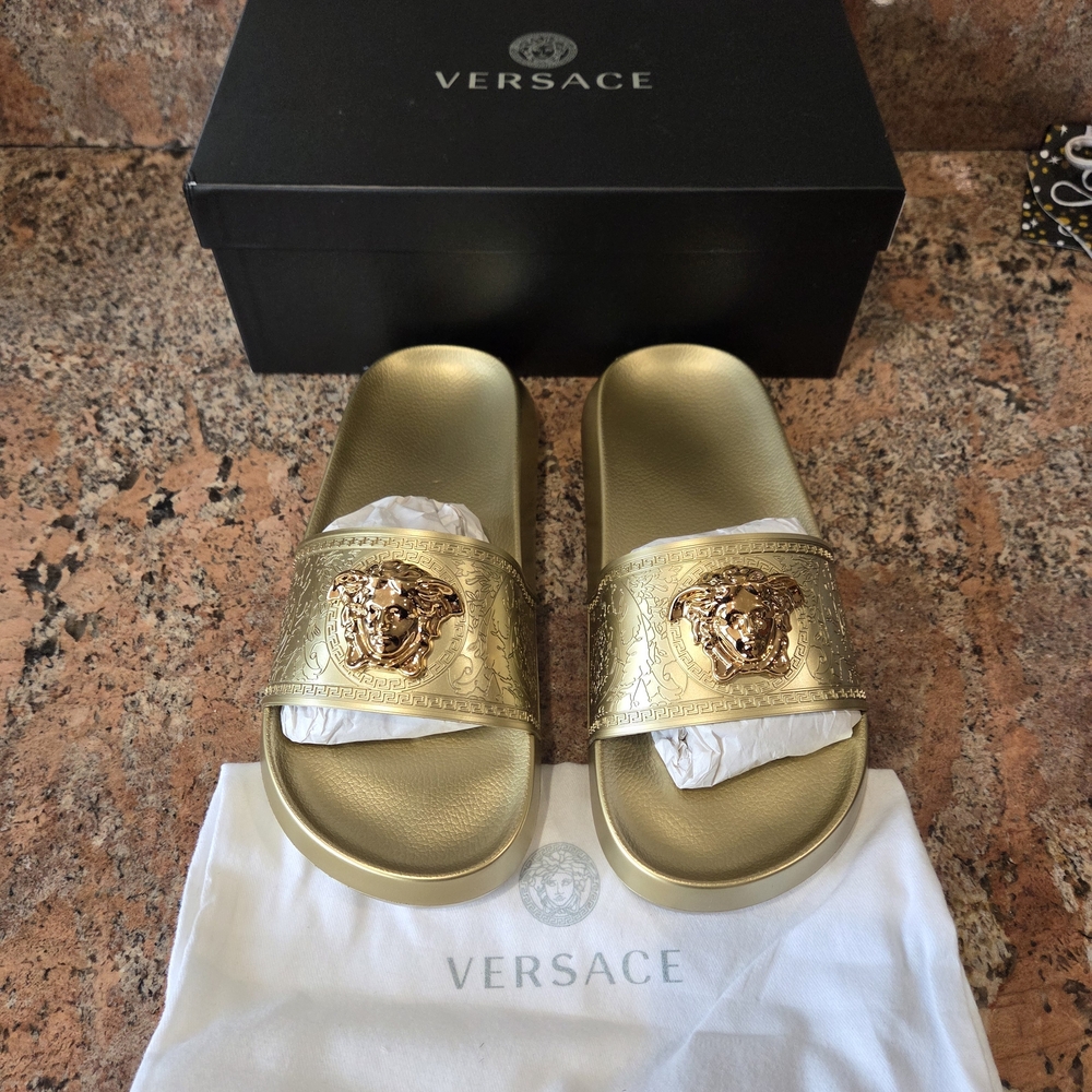 Versace Metallic Gold Slides with Medusa Emblem